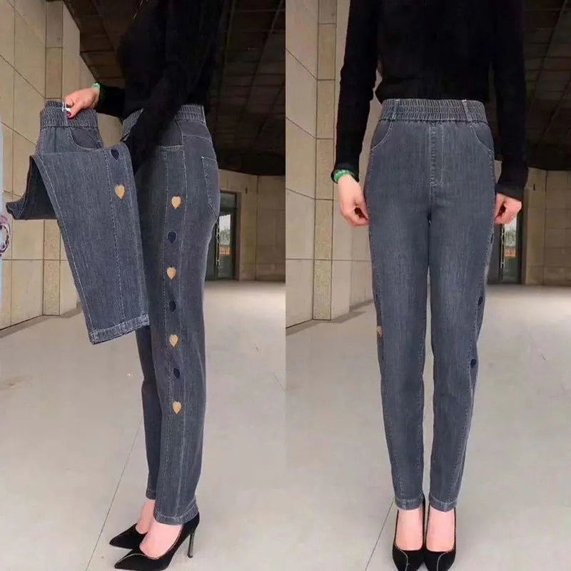 Soraya - Women's Highly Elastic Jeans with Heart Pattern Embroidery