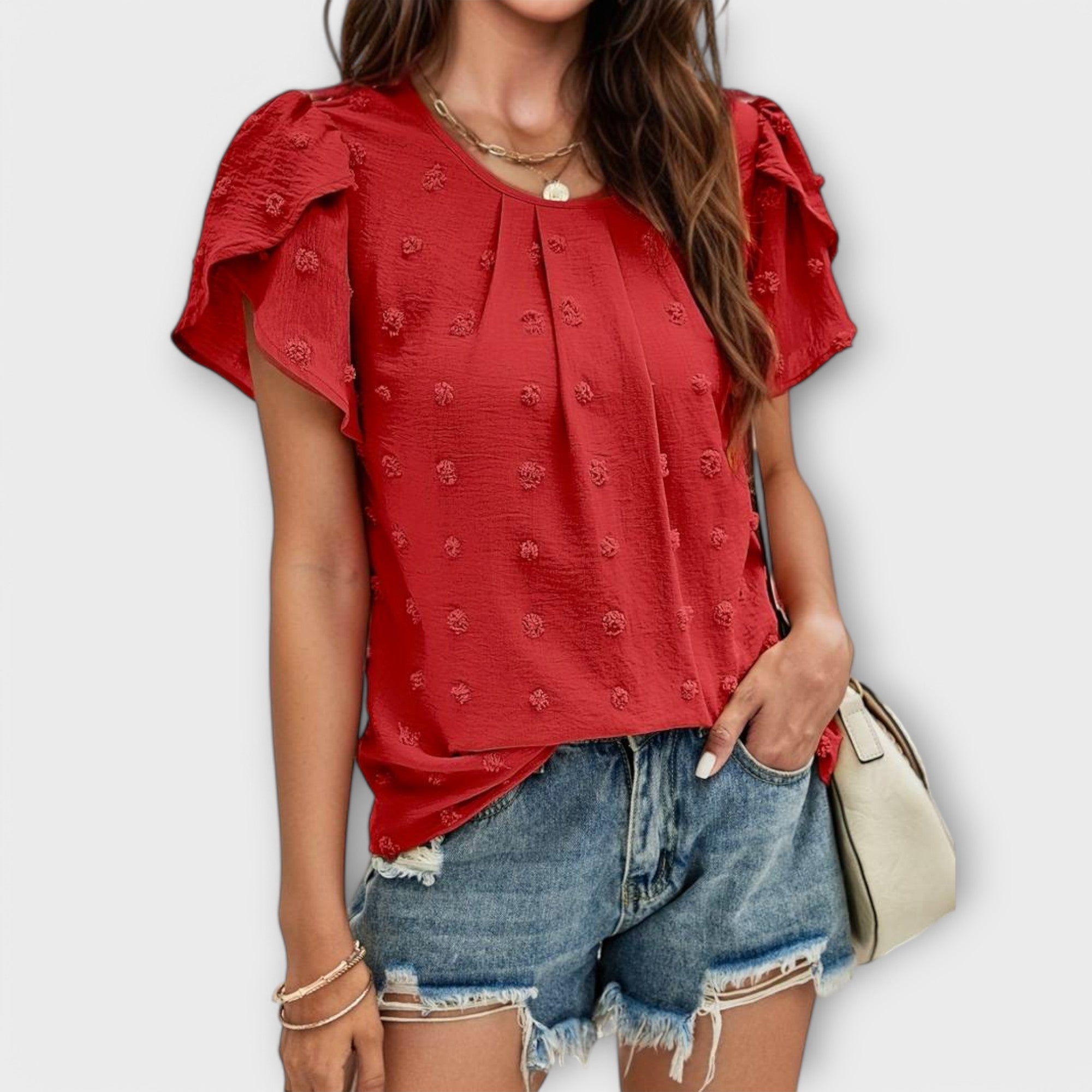 Ismara | Swiss Polka Dot Blouse with Textured Sleeves