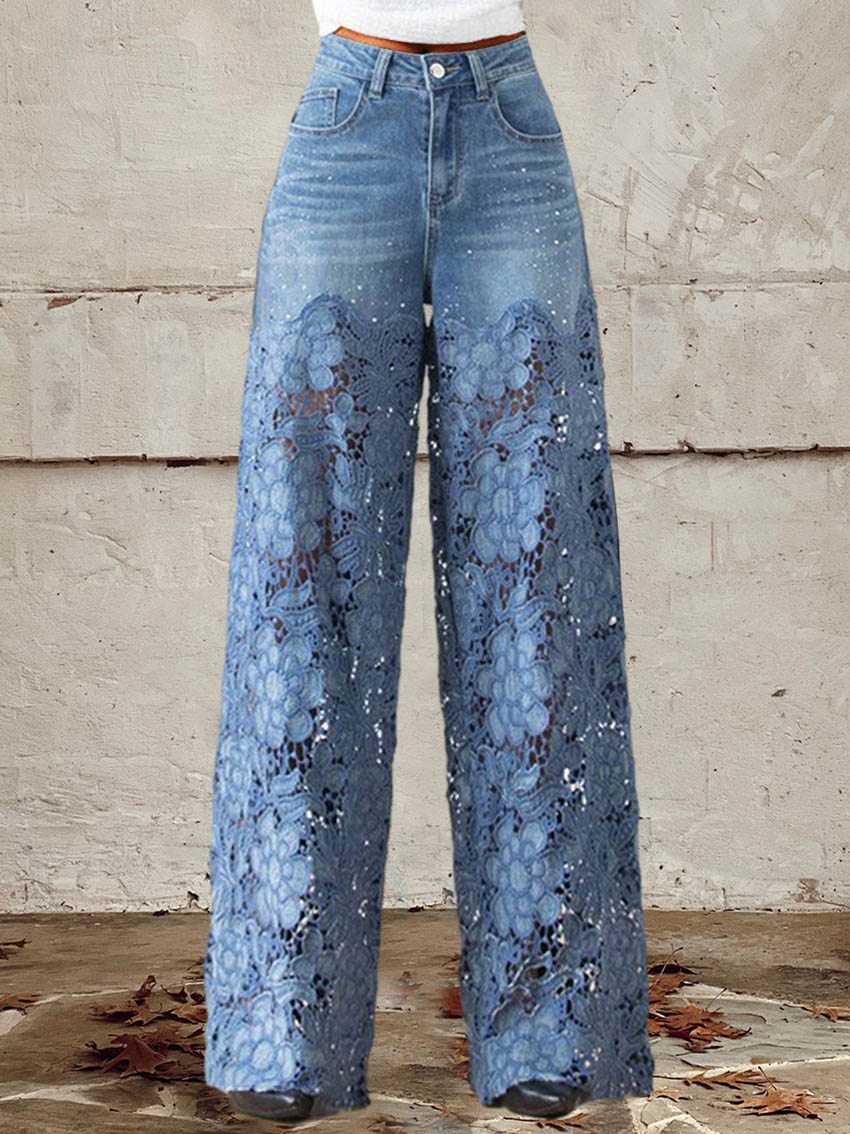Léna – Mid-Rise Lace Patchwork Jeans