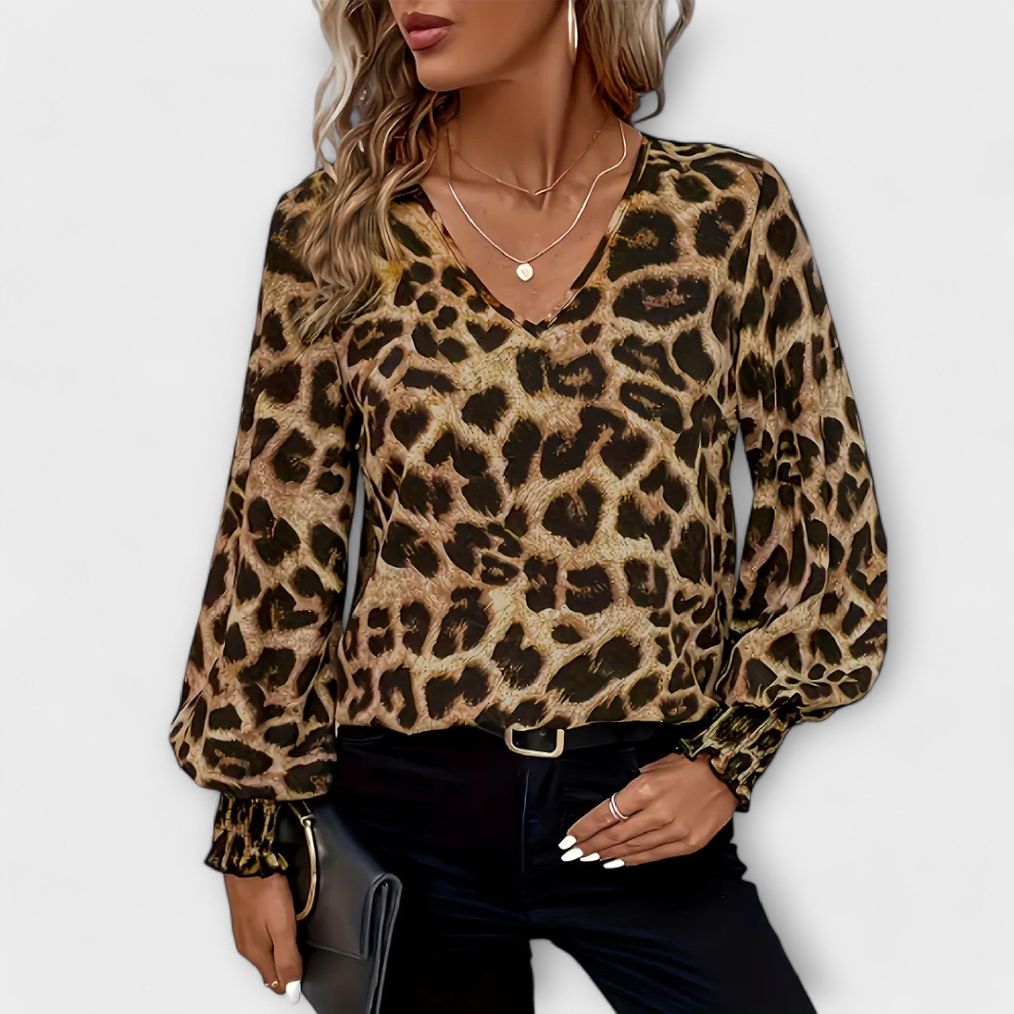 Narella | Chic Leopard Ruffle Blouse with V-Neckline