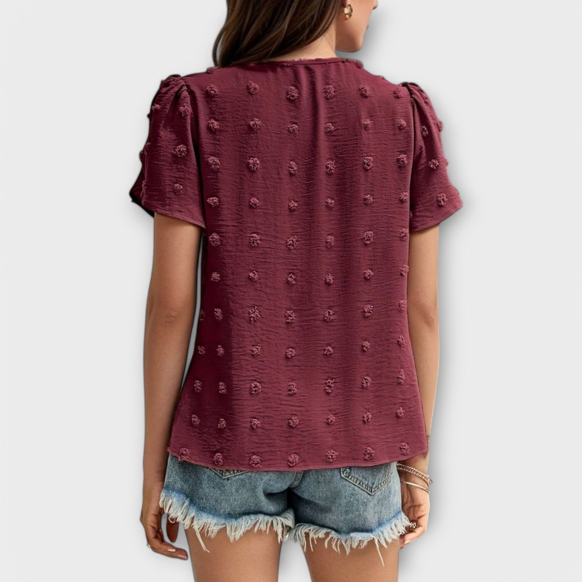 Ismara | Swiss Polka Dot Blouse with Textured Sleeves