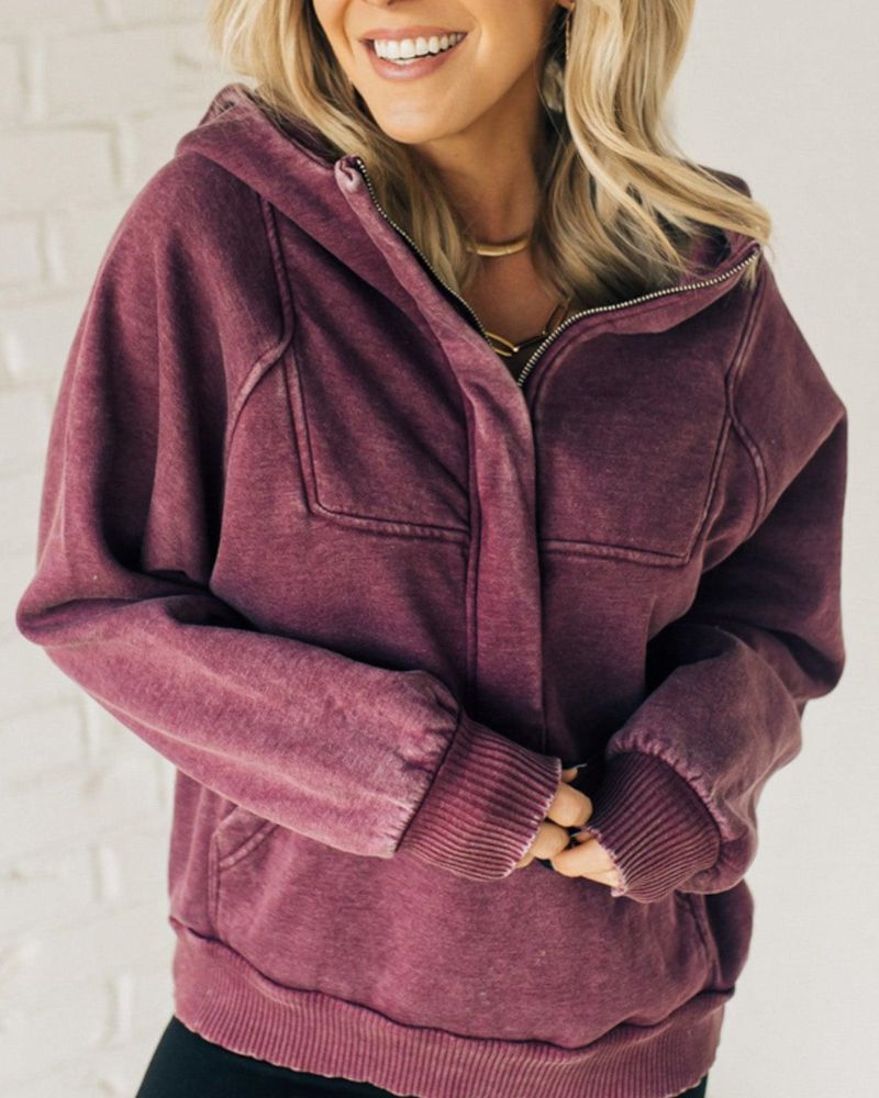 Nalas - Vintage-Effect Fleece Hoodie with Zip and Henley Neck