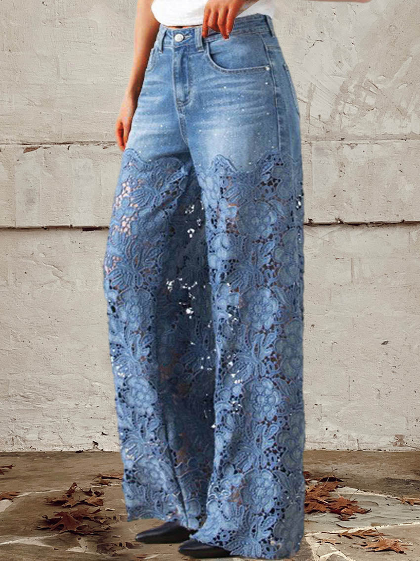 Léna – Mid-Rise Lace Patchwork Jeans