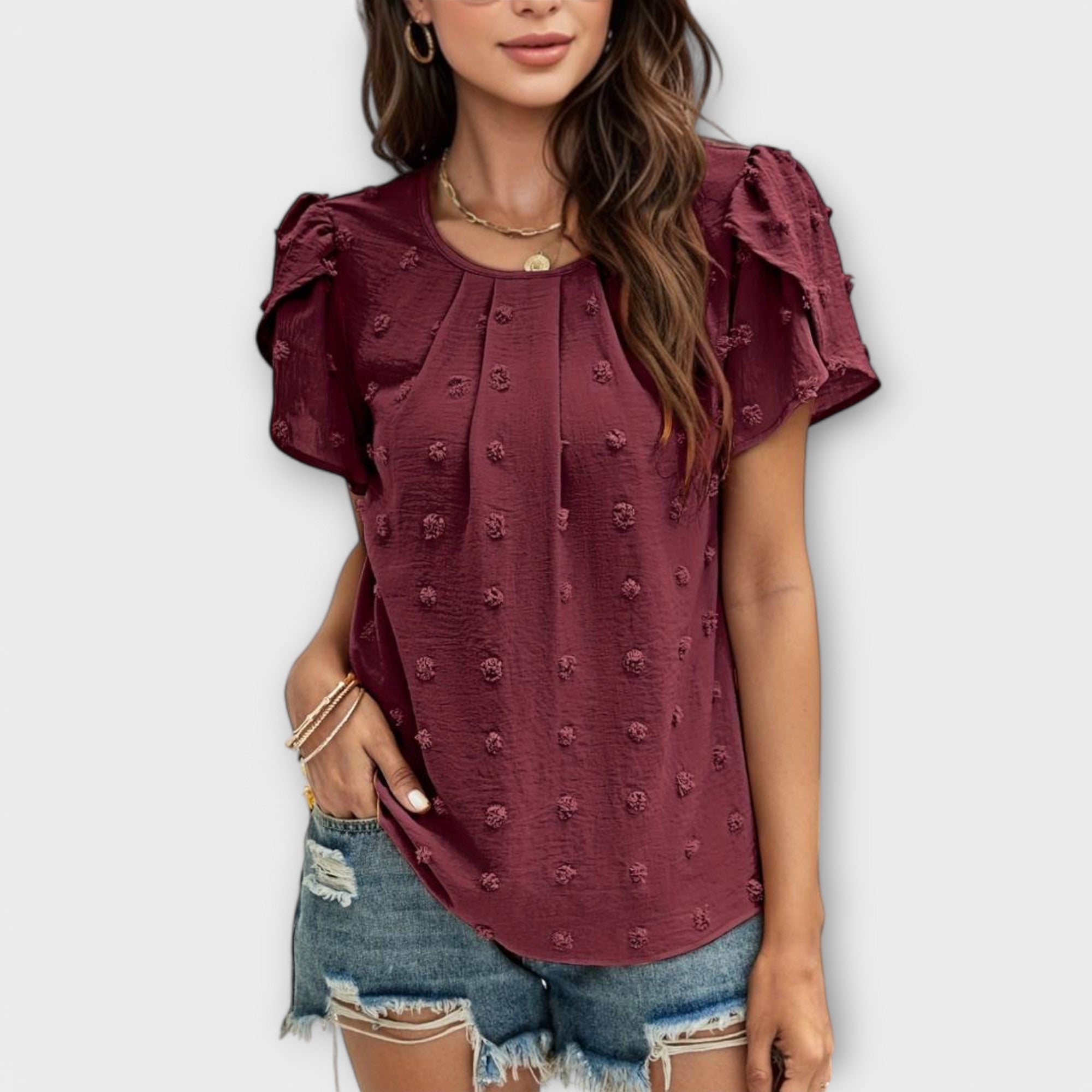 Ismara | Swiss Polka Dot Blouse with Textured Sleeves