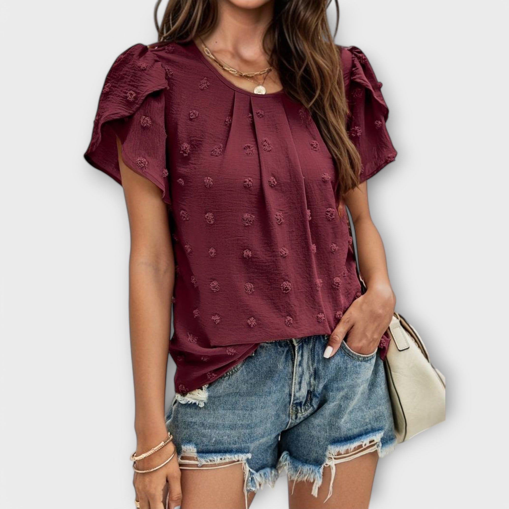 Ismara | Swiss Polka Dot Blouse with Textured Sleeves