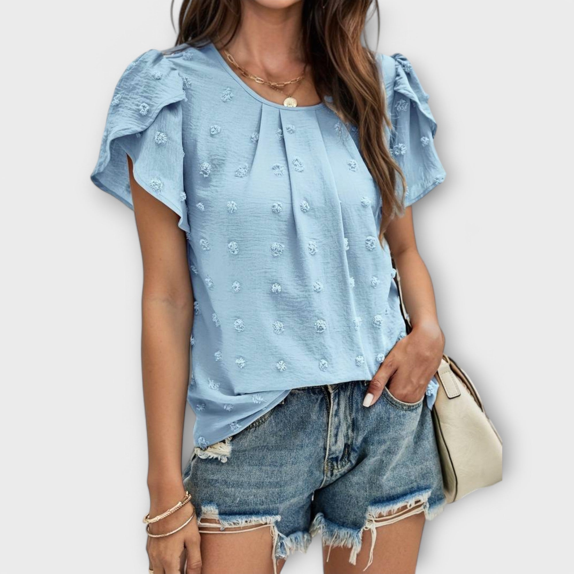 Ismara | Swiss Polka Dot Blouse with Textured Sleeves