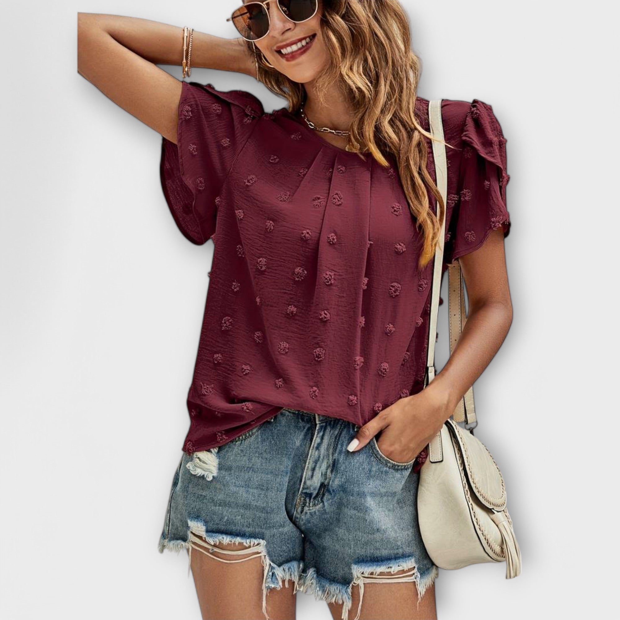 Ismara | Swiss Polka Dot Blouse with Textured Sleeves