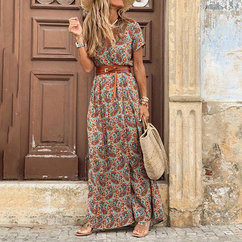 Long Bohemian Floral Dress – V-Neckline