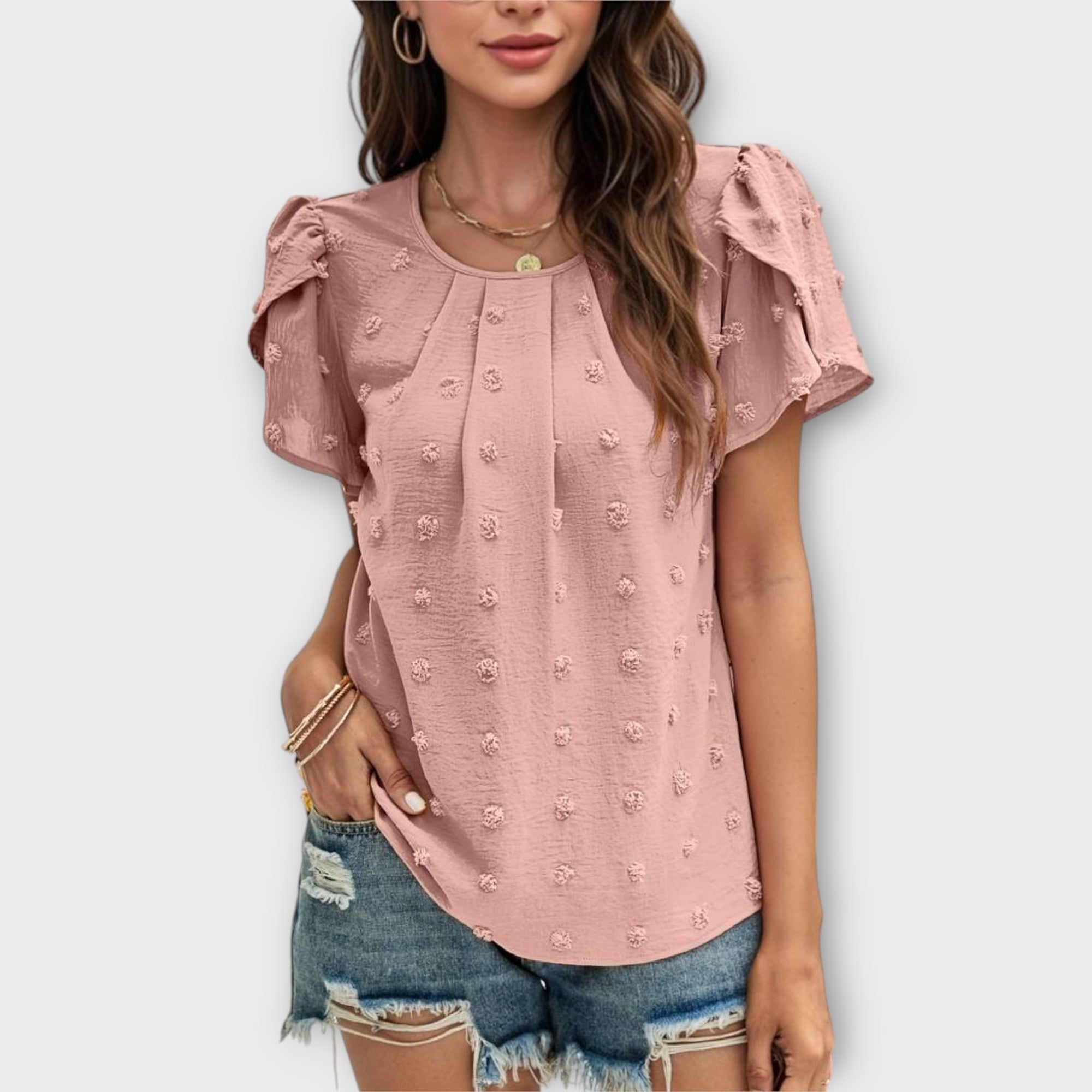 Ismara | Swiss Polka Dot Blouse with Textured Sleeves