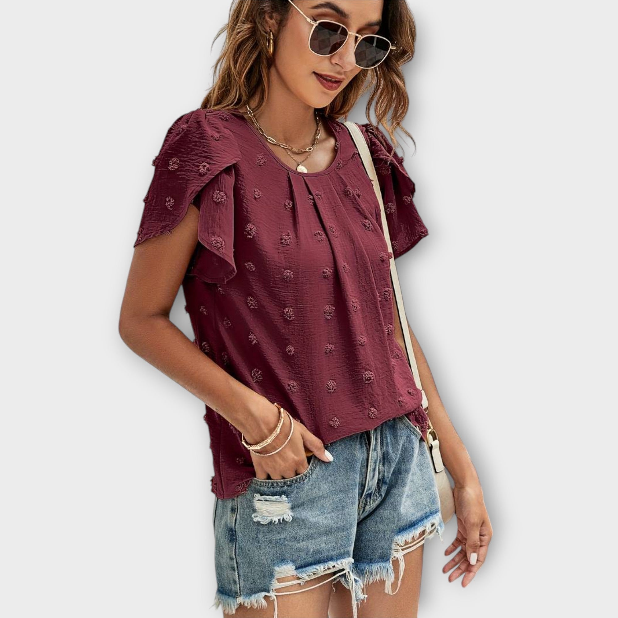 Ismara | Swiss Polka Dot Blouse with Textured Sleeves